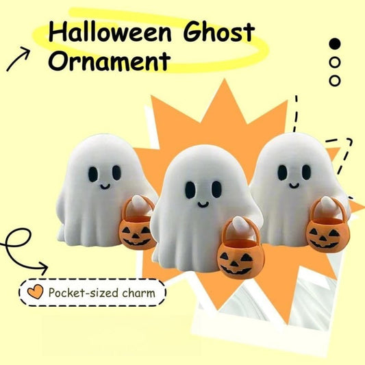 3D-Printed Halloween Little Ghost with Pumpkin Ornament - Cute White Plastic Figurine, No Electricity Needed, Perfect for Home, Office, or Party Decor, Festive Holiday Gift, Halloween Decorations Tudoushop