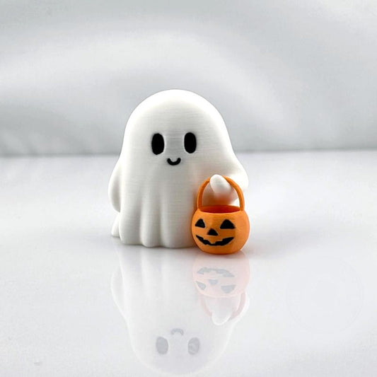 3D-Printed Halloween Little Ghost with Pumpkin Ornament - Cute White Plastic Figurine, No Electricity Needed, Perfect for Home, Office, or Party Decor, Festive Holiday Gift, Halloween Decorations Tudoushop